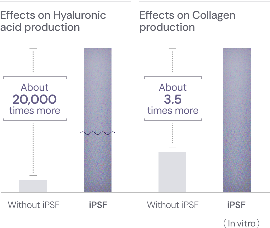 Hyaluronic acid production effect: approximately 20,000 times; collagen production effect: approximately 3.5 times.